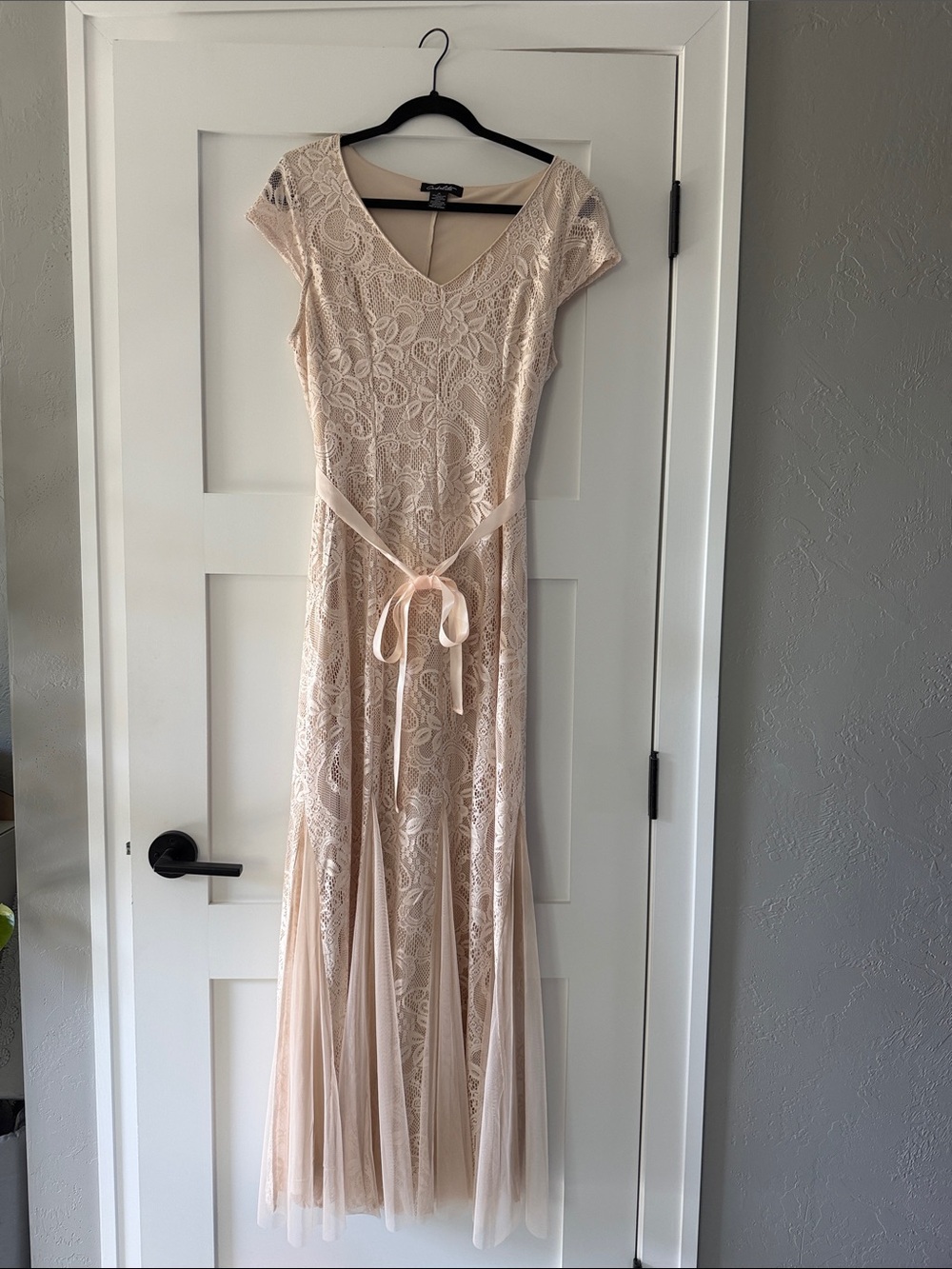 Cap-Sleeve Lace Maxi Dress in Blush with Satin Tie
